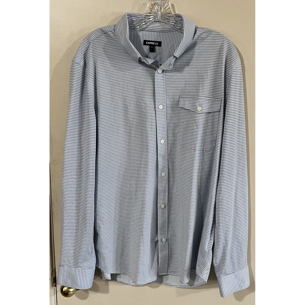Express Casual Button Up Long Sleeve Shirt Mens Size Large White Blue